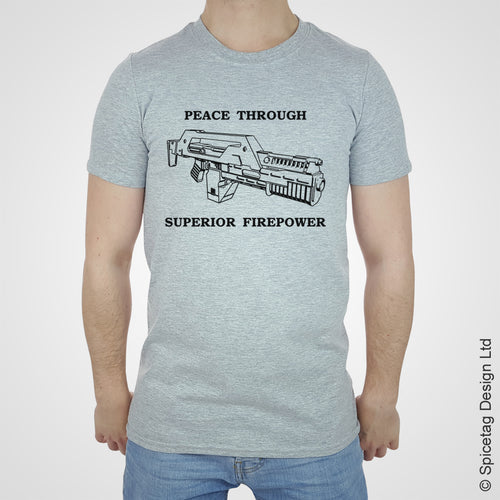 Aliens alien 1986 peace through superior firepower T-shirt T shirt Tshirt Tee spicetag