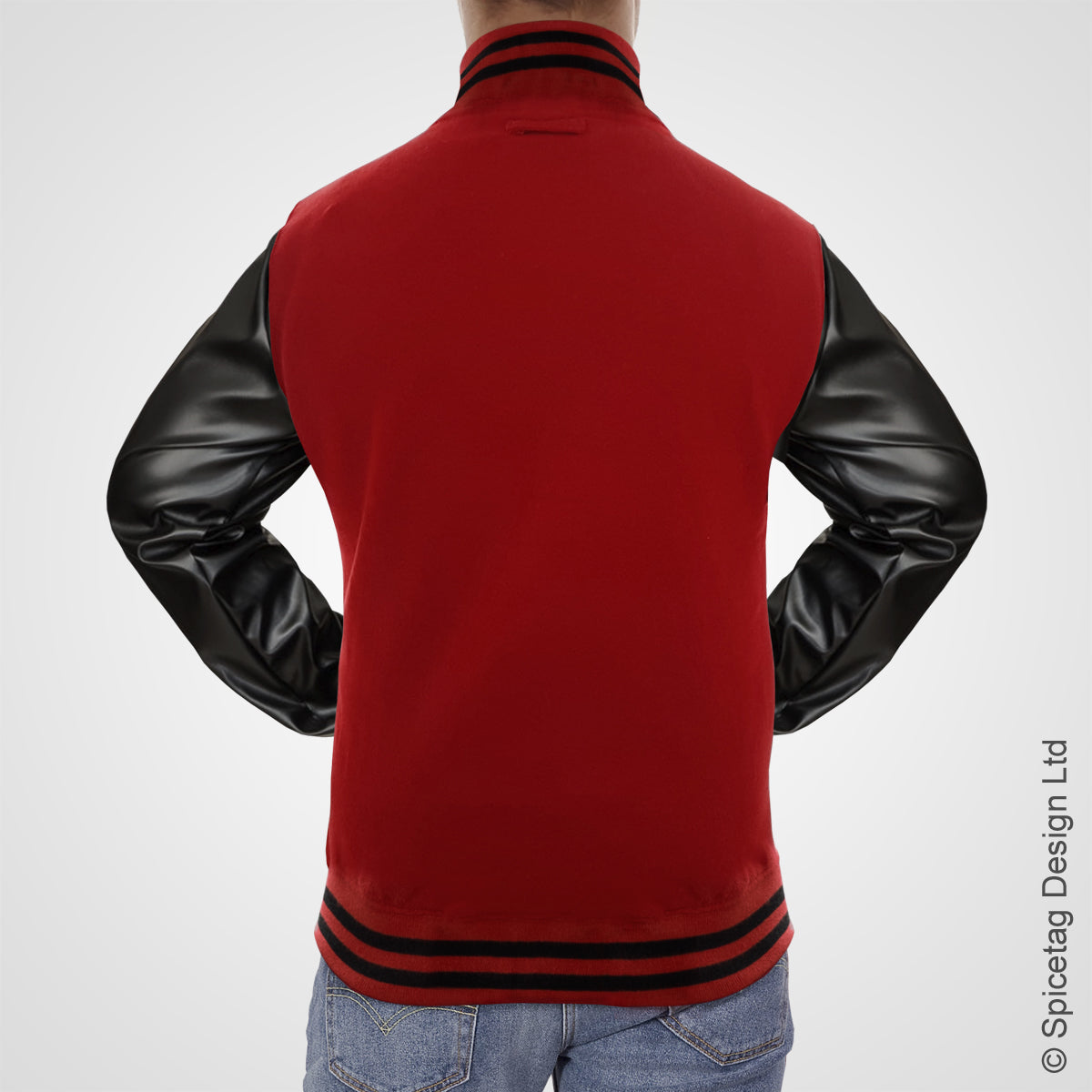 Red Varsity Jacket Faux Leather Sleeves College Top USA Letterman Coat Baseball Clothing Spicetag