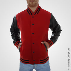 Red Varsity Jacket Faux Leather Sleeves College Top USA Letterman Coat Baseball Clothing Spicetag